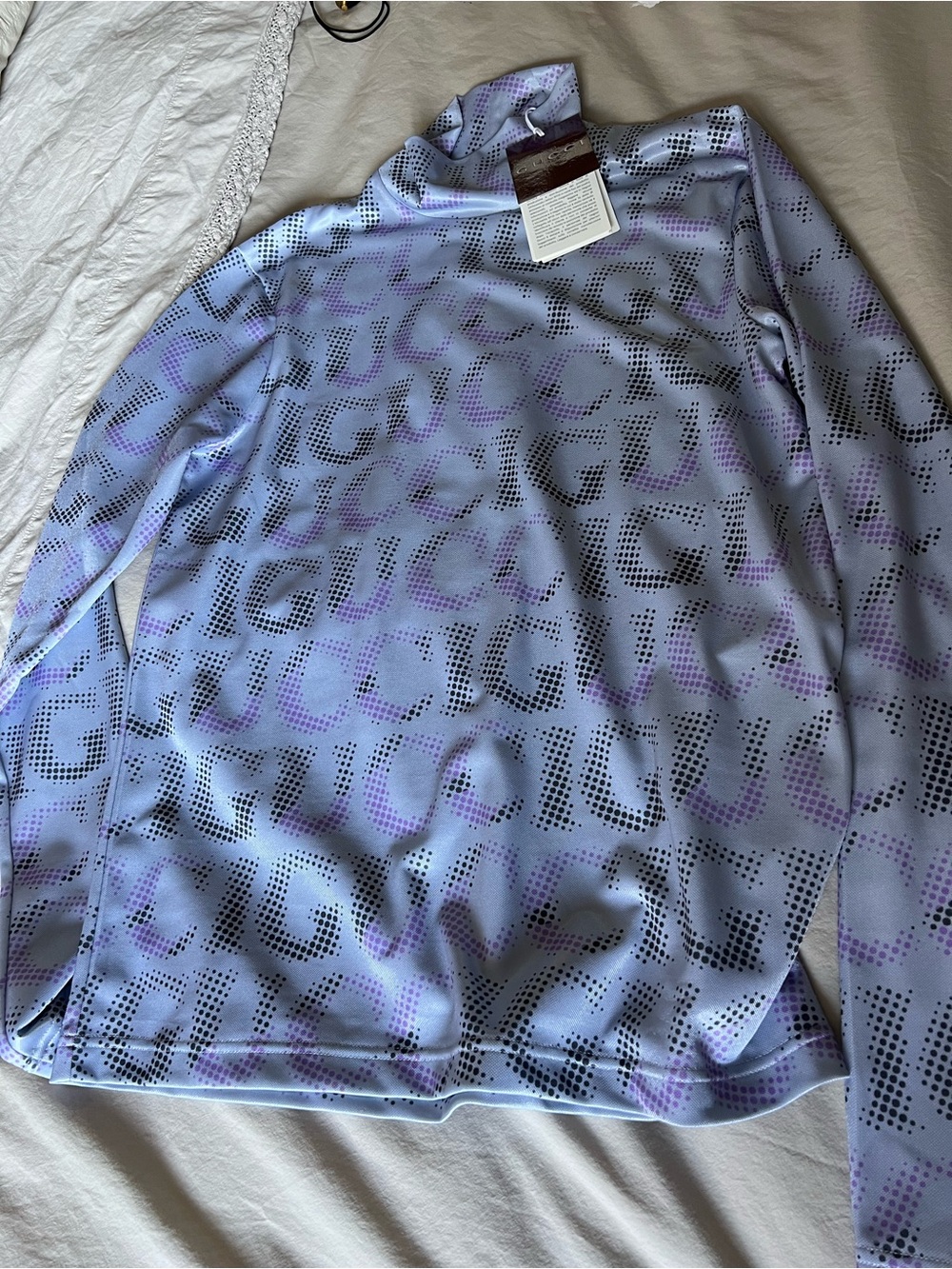 Gucci Light Blue and Lavender Perforated Logo turtleneck